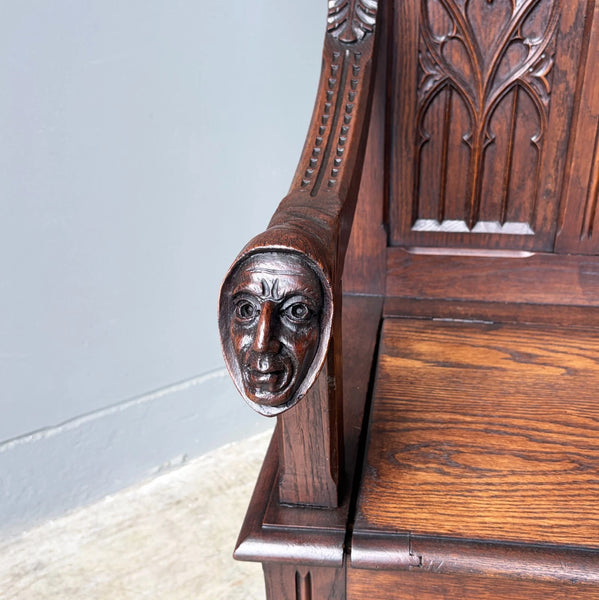 Antique French Gothic Revival Oak Wood Bench/Settee/Chair Highly Carved