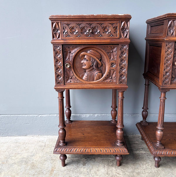 Pair of 34" Tall Antique French Breton Nightstands with Marble Tops in Chestnut