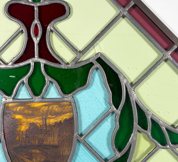 31" Tall Vintage Belgian/Flanders Stained/Leaded Glass Panel of Bruges Belgium