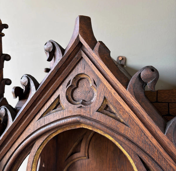 57" Tall French Antique Neo Gothic Solid Oak Highly Carved Wall Niche/Shrine
