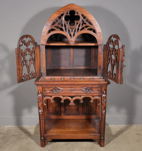 70" Tall Antique French Gothic Revival Oak Wood Cabinet/Liquor/Wine/Bar Cabinet