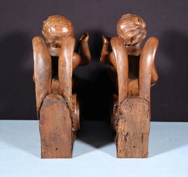 13" Tall Pair of French Antique Solid Walnut Wood Highly Carved Cherubs