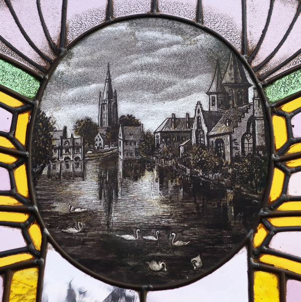 36" Wide Antique French Art Deco Stained Glass Panel of Bruges w/Copper Frame