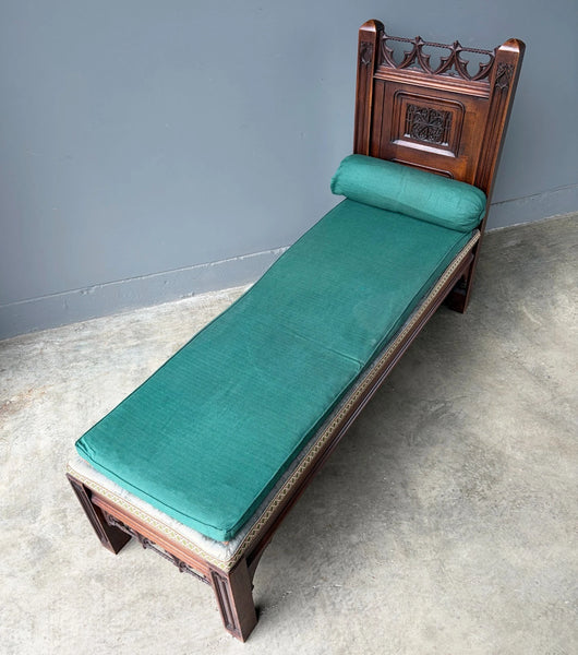 74" Long French Antique Neo Gothic Day Bed Solid Walnut with Green Silk Cushions