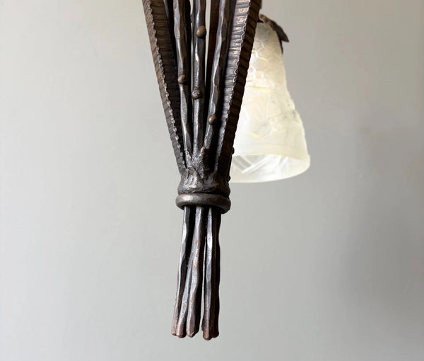 33" Tall Antique French Iron Art Deco Chandelier with Frosted Glass and Roses