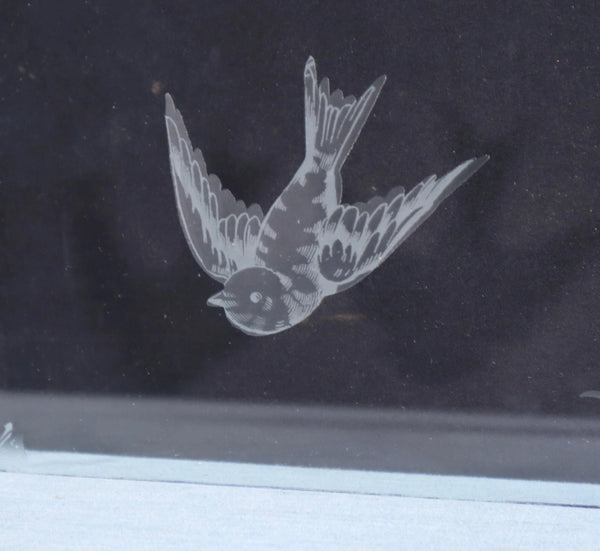 18" Tall Pair of Antique French Etched Glass Windows Frosted Glass with Birds