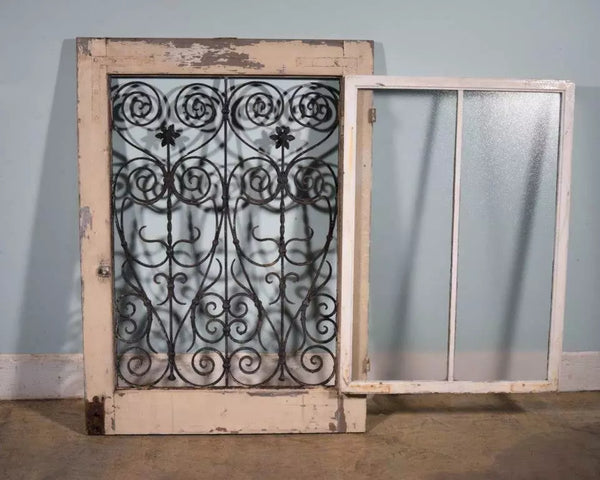 Antique French Solid Wood Window with Iron Grille and Hinged Window Salvage