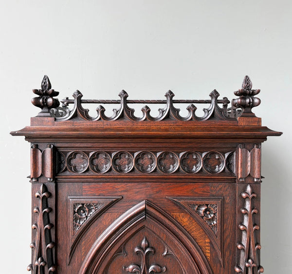 67" Tall French Antique Gothic Cabinet in Solid Oak Highly Carved Wood