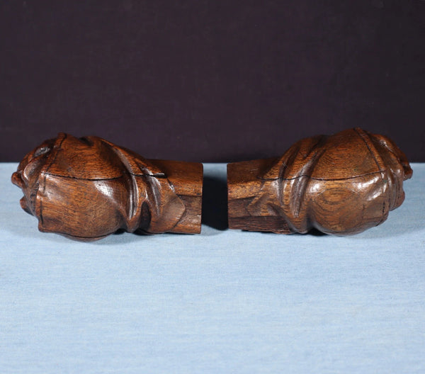 Pair of 4" Tall French Antique Highly Carved Heads in Solid Oak Wood Trim Pieces