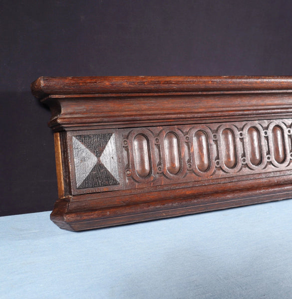 67" Wide Antique French Solid Oak Wood Mantel/Panel/Crest Pediment w/Carvings