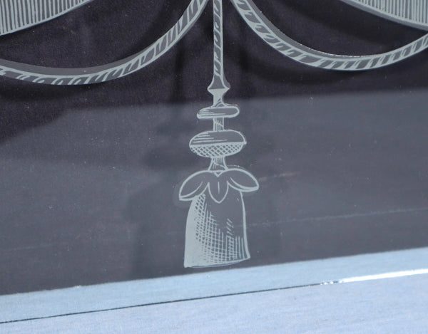 19" Wide Pair of Antique French Etched Glass Windows With Curtains and Tassels