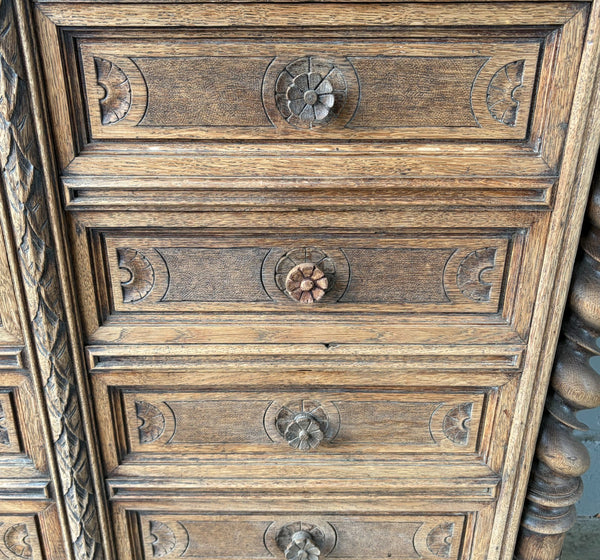 77" Tall Antique French Apothecary Cabinet Solid Oak Carved with Compartments