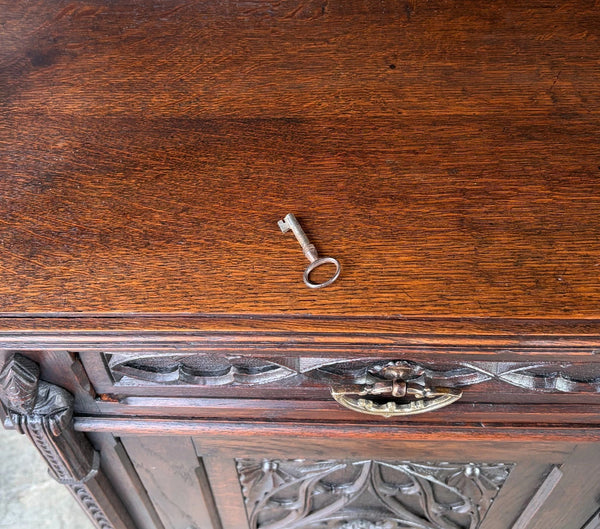 Antique French Gothic Revival Cabinet/Console/Sideboard,Highly Carved Oak