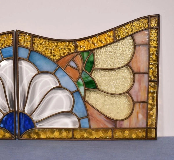 Pair of Vintage French Art Deco Stained Glass Panels with Copper Frames