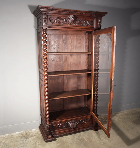 88" Tall French Antique Solid Oak Wood Bookcase/Display Case/Cabinet Carved