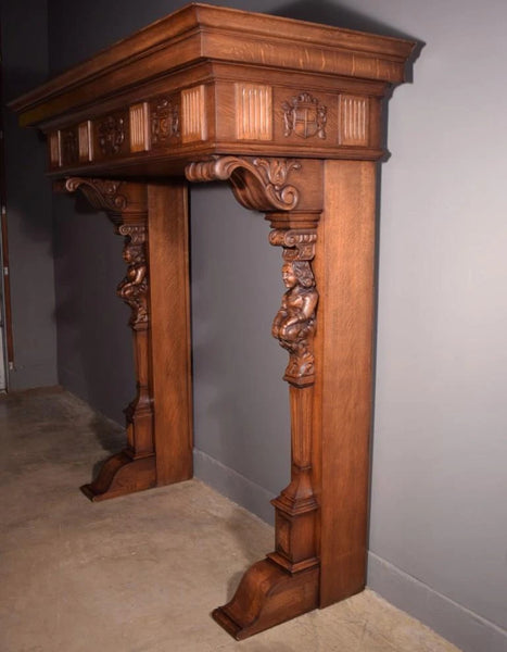 82" Large Vintage Renaissance Revival Oak Fireplace Surround/Mantel w/Figures