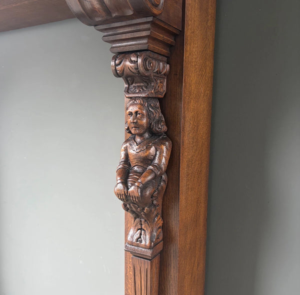 82" Large Vintage Renaissance Revival Oak Fireplace Surround/Mantel w/Figures