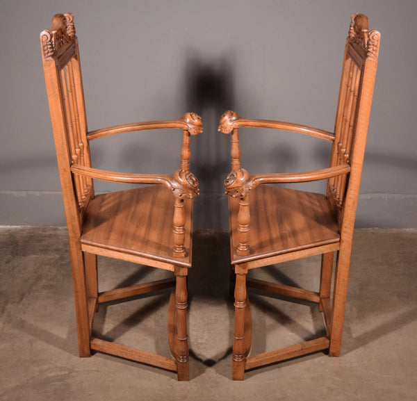 Pair of Antique Renaissance Revival Arm Chairs Solid Walnut Hand Carved Jesters