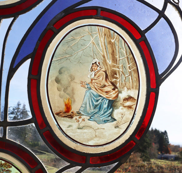 38" Tall Large Antique French Art Nouveau Stained/Leaded Glass Panel 4 Seasons