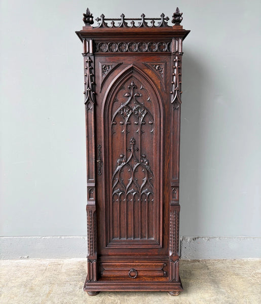 67" Tall French Antique Gothic Cabinet in Solid Oak Highly Carved Wood