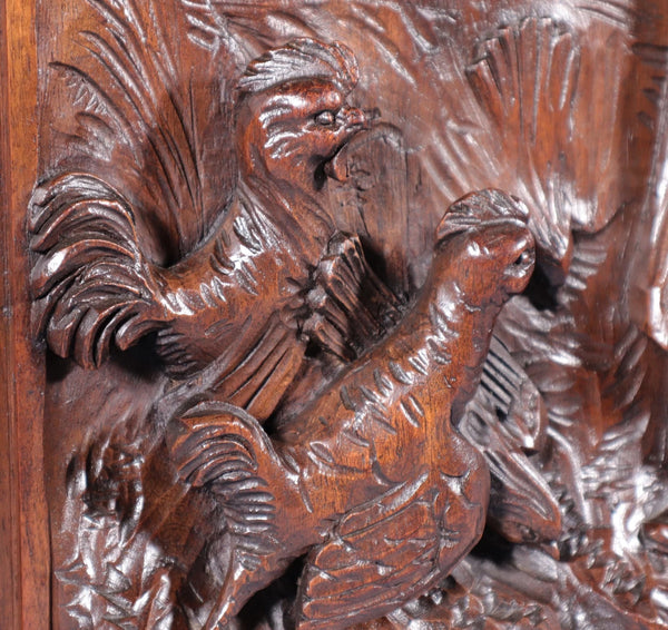 Antique French Solid Walnut Wood Highly Carved Panel w/Woman Feeding Chickens