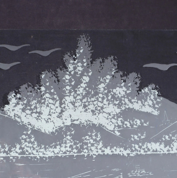 25" Tall Antique French Etched Glass Window Frosted Glass with Herons/Birds