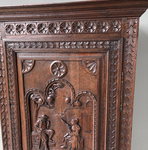 71" Tall French Antique Breton Cabinet in Solid Chestnut Wood w/Carved Figures