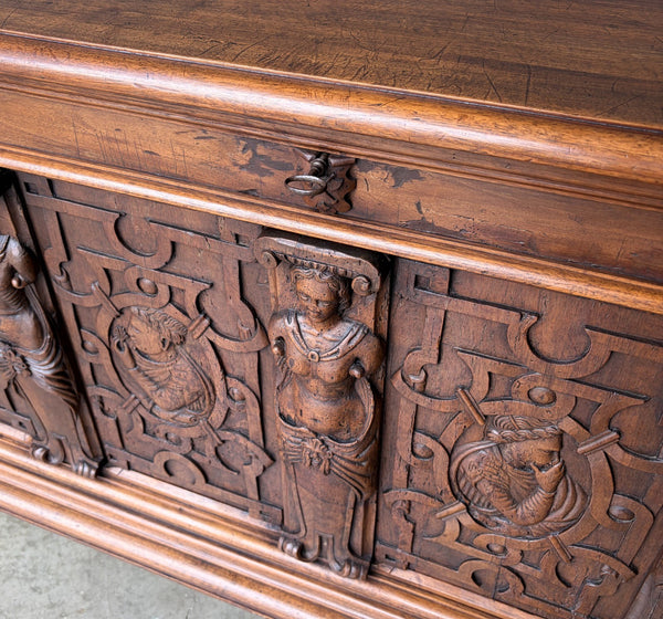 Antique French Renaissance Chest/Trunk/Sideboard Solid Walnut Detailed Carvings