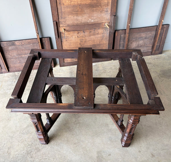 Vintage French Gothic Dining Table in Solid Oak Wood with Highly Detailed Base