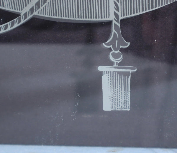19" Wide Pair of Antique French Etched Glass Windows With Curtains and Tassels