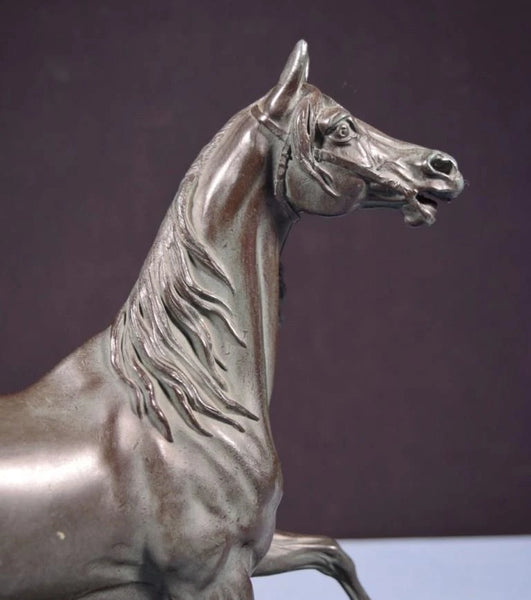 12" Tall Antique French Spelter Life Like Horse Statue with Black Marble Base