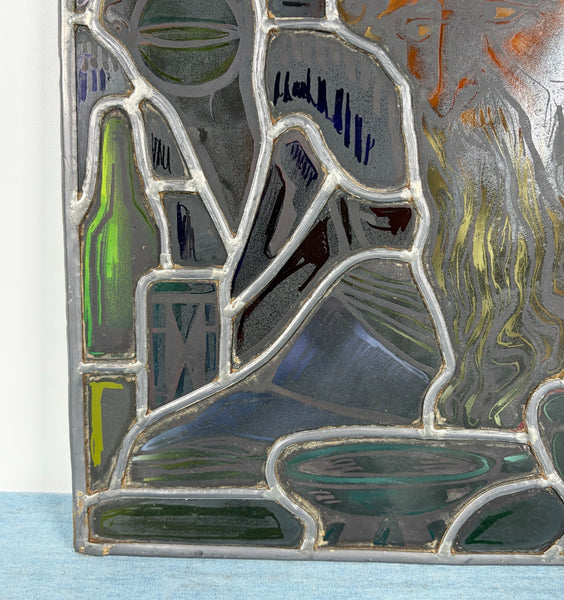 13" Tall Vintage Belgian Stained/Leaded Glass Panel Of an Alchemist by AR 1956