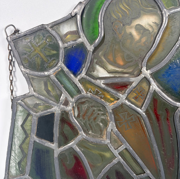 16" Tall Vintage Belgian Stained/Leaded Glass Panel of a Saint Healing the Blind