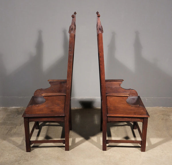 Large Pair of Antique Gothic Arm/Throne Chairs Solid Chestnut Hand Carved Wood