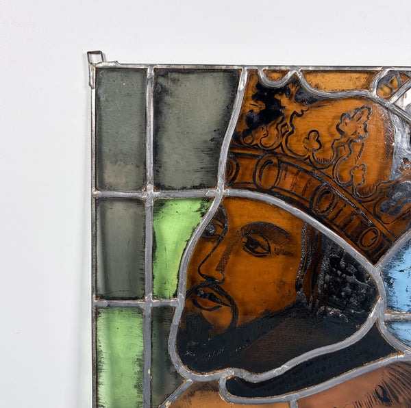 15" Tall Vintage French Stained/Leaded Glass Panel Of Charles the Great