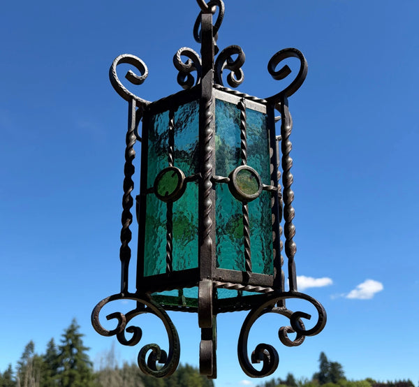 20" Tall Vintage French Iron and Stained Glass Hanging Chandelier/Pendant Lamp
