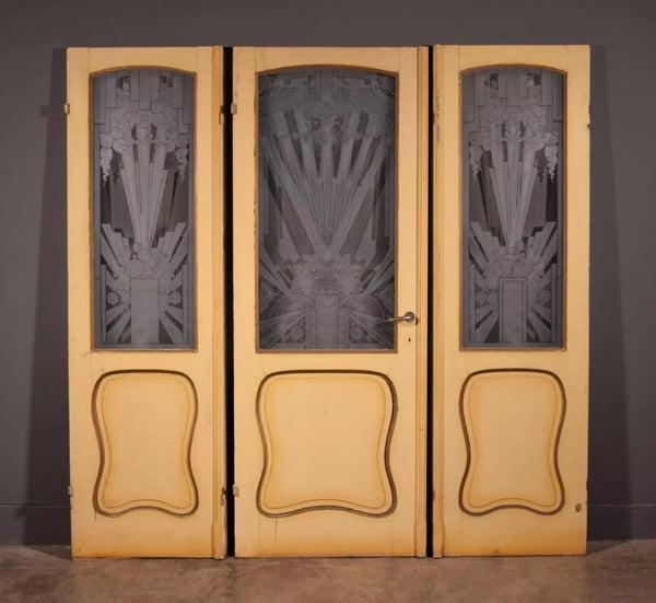 Set Antique French Art Deco Etched Glass Doors Frosted Glass with Pine Frames