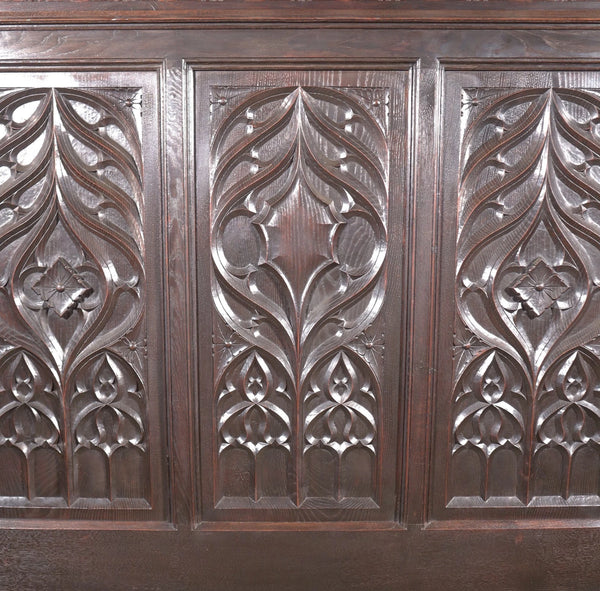 Antique French Neo Gothic Queen Sized Headboard in Solid Chestnut Wood