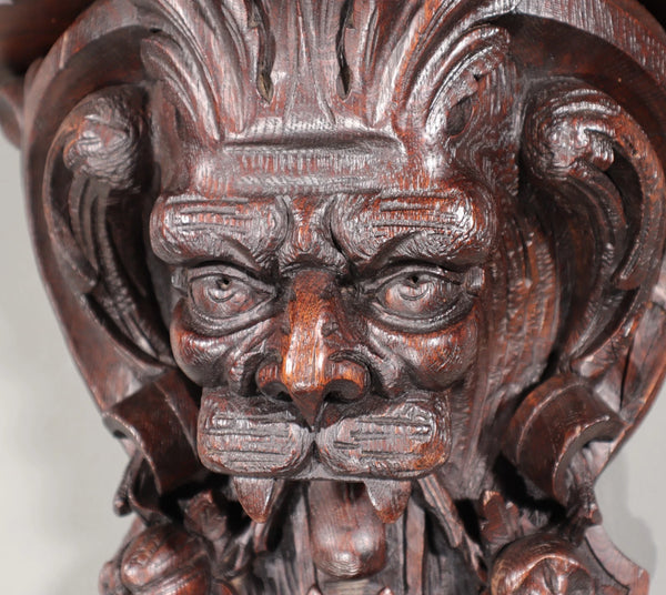 Pair of Large French Antique Lion Wall Sconces/Shelves in Solid Oak and Chestnut