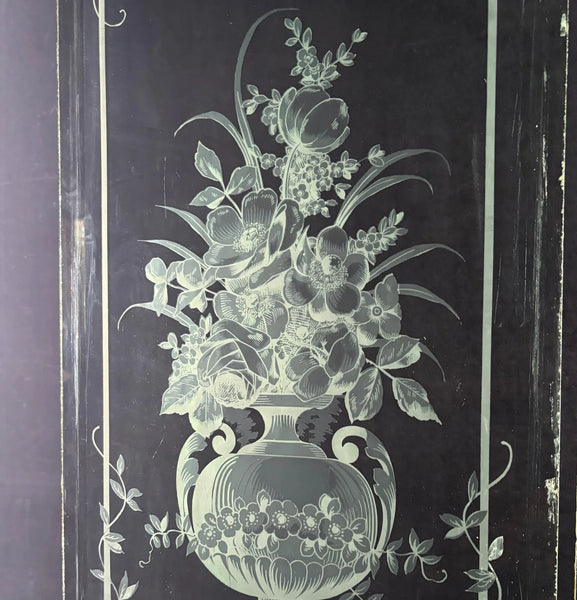 47" Tall Pair of Antique French Etched Beveled Glass Windows Frosted Glass