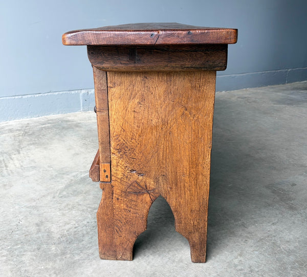 Antique French Gothic Revival Solid Oak Wood Storage Bench/Settee/Chair Rustic