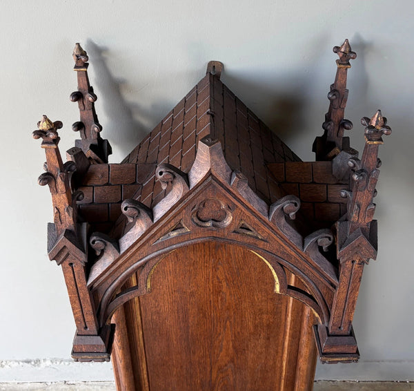 57" Tall French Antique Neo Gothic Solid Oak Highly Carved Wall Niche/Shrine
