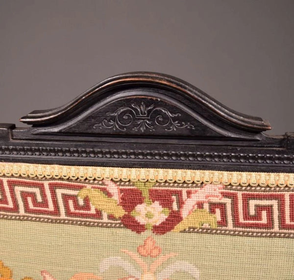 French Antique Fireplace Screen with Needlepoint Griffin/Carved Walnut Frame