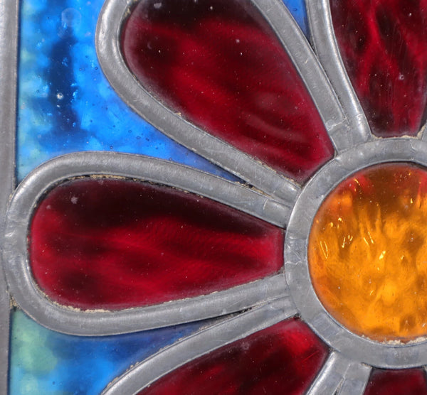 9" Tall Antique French Stained Glass Panel with Flower Leaded Glass