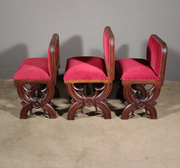 Antique Gothic Priest's Pulpit/Sanctuary Chair Set In Solid Oak and Red Velvet