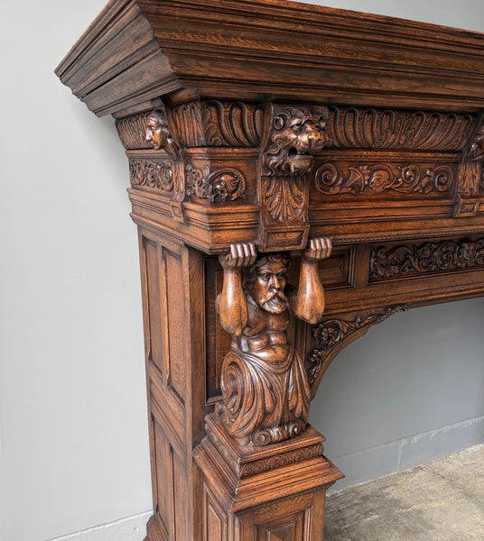 XL Vintage Renaissance Revival Oak Fireplace Surround/Mantel w/Carved Figures
