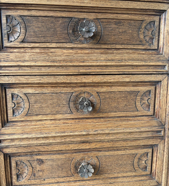 77" Tall Antique French Apothecary Cabinet Solid Oak Carved with Compartments