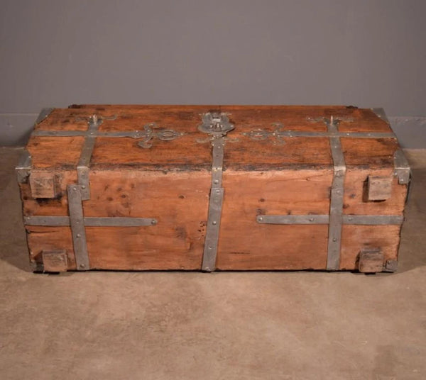 Large Antique French Chest/Trunk in Solid Pine Wood With Iron Straps 1800's