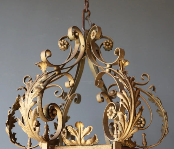 36" Tall XL French Antique Iron and Stained Glass Hanging Chandelier/Lamp