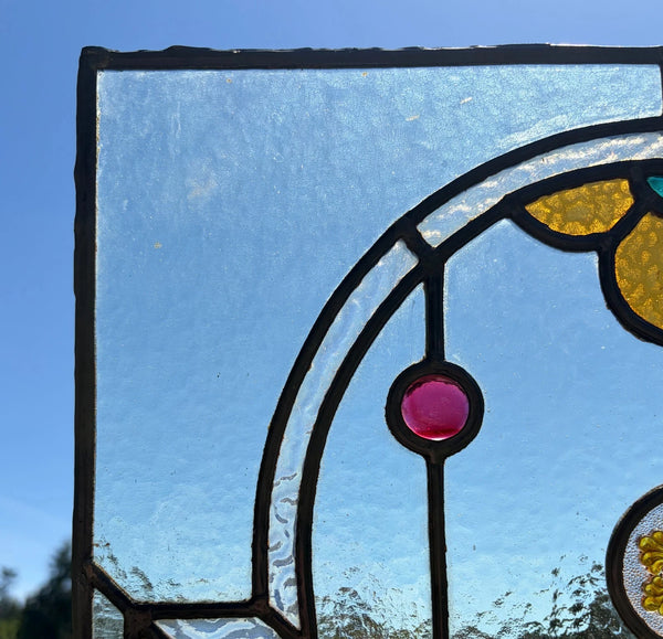 38" Tall Antique French Stained/Leaded Glass Panel w/Griffin and Uranium Glass